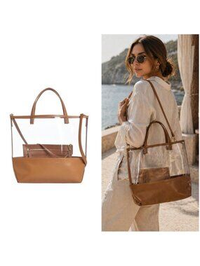 Alice+D Milano Clear Tote Bag Brown Leather Trim Transparent PVC Medium Shoulder